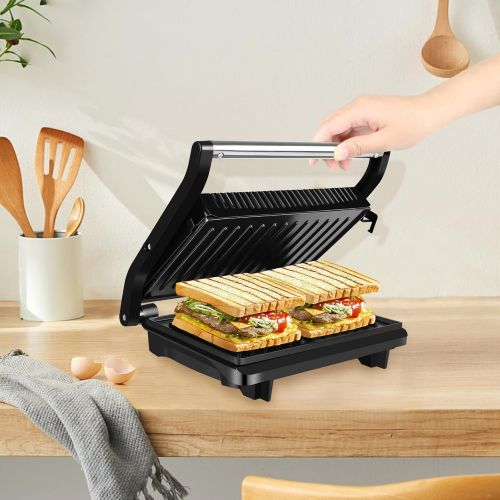  Gotoll Contact Grill Sandwich / Panini Maker, Oil Drip Design and Non Stick Coating, Open 180° Contact Grill, 750 Watt, Black