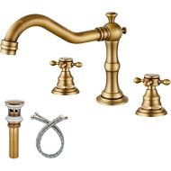 Gotonovo Widespread Bathtub Faucet Double Handle Mixer Tap for Bathroom Brushed Gold Antique Brass Three Hole Deck Mount Hot Cold Water Matching Pop Up Drain with Overflow