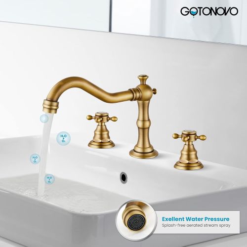  Gotonovo Widespread Bathtub Faucet Double Handle Mixer Tap for Bathroom Brushed Gold Antique Brass Three Hole Deck Mount Hot Cold Water Matching Pop Up Drain with Overflow