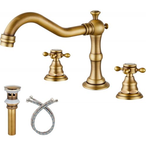  Gotonovo Widespread Bathtub Faucet Double Handle Mixer Tap for Bathroom Brushed Gold Antique Brass Three Hole Deck Mount Hot Cold Water Matching Pop Up Drain with Overflow