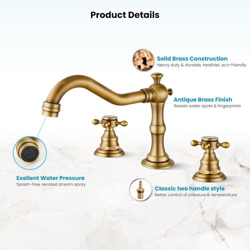  Gotonovo Widespread Bathtub Faucet Double Handle Mixer Tap for Bathroom Brushed Gold Antique Brass Three Hole Deck Mount Hot Cold Water Matching Pop Up Drain with Overflow