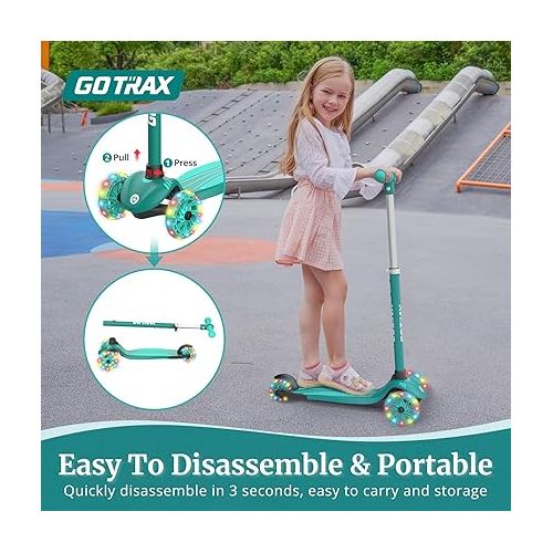  Gotrax KS1/KS3 Kids Kick Scooter, LED Lighted Wheels and 3Adjustable Height Handlebars, Lean-to-Steer & Widen Anti-Slip Deck, 3 Wheel Scooter for Boys & Girls Ages 2-8 and up to 100 Lbs