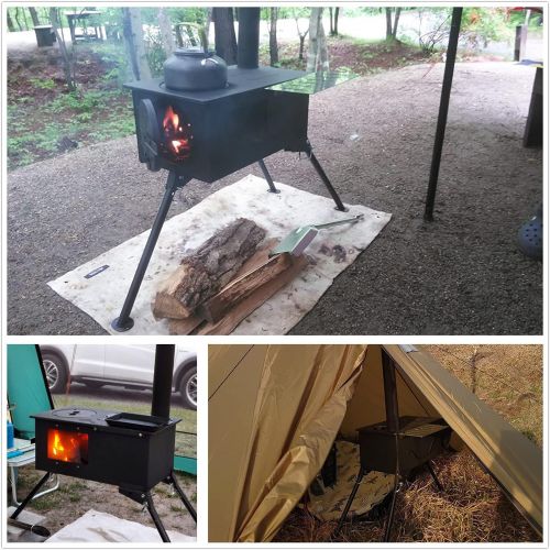  Goture Camping Hot Tent Stove, Portable Wood Burning Stove with Heat-Resistant Glass, Side Racks, 2 Grates & 5 Chimney Pipes for Tent, Shelter, Heating, Cooking, Ice Fishing, 24Lbs