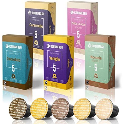  Gourmesso 50 Fairtrade Flavored Espresso Capsules Compatible with Original Line Nespresso Pod Machines Caramel Vanilla Chocolate Hazelnut Coconut Flavored Espresso Pods for Nespresso Capsule