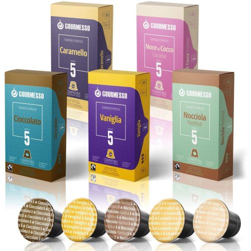  Gourmesso 50 Fairtrade Flavored Espresso Capsules Compatible with Original Line Nespresso Pod Machines Caramel Vanilla Chocolate Hazelnut Coconut Flavored Espresso Pods for Nespresso Capsule