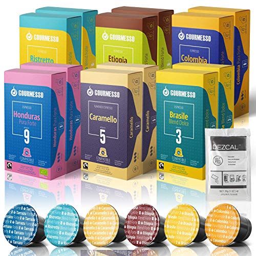  120 Fairtrade Coffee Capsules Compatible with Nespresso Original Line - 100% Fair Trade Variety Pack Espresso and Lungo INCLUDES FREE Dezcal Descaling Solution Gourmesso Select Bun