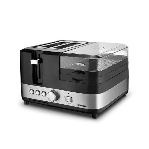  Gourmia GBF370 3 in 1 Breakfast Station Center - 2 Slice Toaster - Egg Cooker and Poacher - Vegetable, Bacon and Meat Steamer - One Touch Controls - 1450W - Black/Stainless Steel