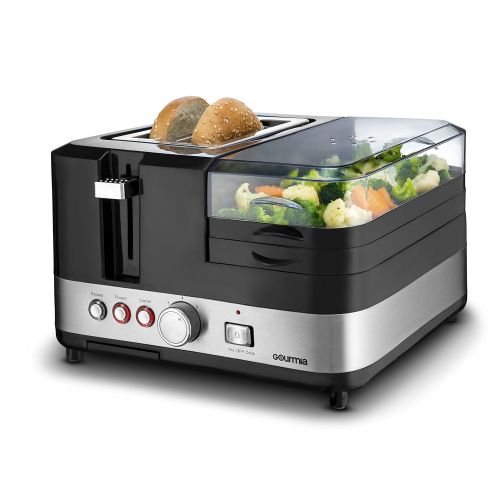  Gourmia GBF370 3 in 1 Breakfast Station Center - 2 Slice Toaster - Egg Cooker and Poacher - Vegetable, Bacon and Meat Steamer - One Touch Controls - 1450W - Black/Stainless Steel