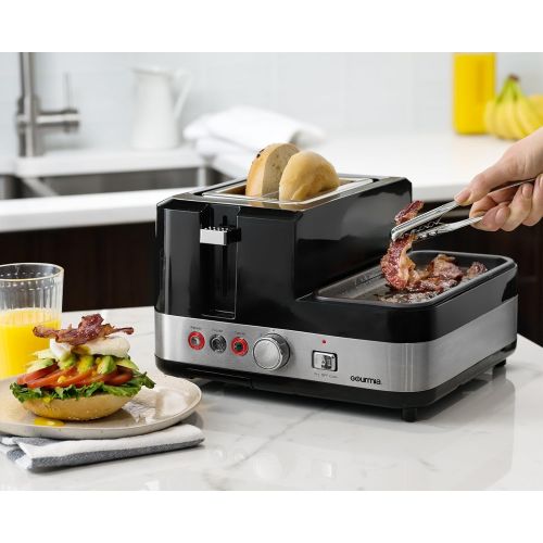  Gourmia GBF370 3 in 1 Breakfast Station Center - 2 Slice Toaster - Egg Cooker and Poacher - Vegetable, Bacon and Meat Steamer - One Touch Controls - 1450W - Black/Stainless Steel