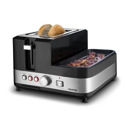  Gourmia GBF370 3 in 1 Breakfast Station Center - 2 Slice Toaster - Egg Cooker and Poacher - Vegetable, Bacon and Meat Steamer - One Touch Controls - 1450W - Black/Stainless Steel