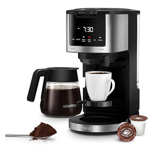  Gourmia 2-in-1 Single Serve Pod + 12-Cup Coffee Maker with Adjustable Up To 4-Hour Keep Warm