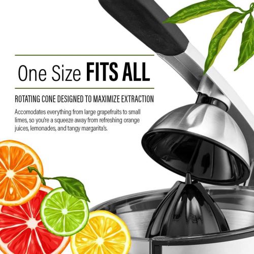  Gourmia EPJ100 Electric Citrus Juicer Stainless Steel 10 QT 160 Watts Rubber Handle And Cone Lid For Easy Use One-Size-Fits-All Juice Cone For Easy Storage. - 110V