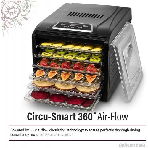  Gourmia GFD1650 Premium Electric Food Dehydrator Machine - Digital Timer and Temperature Control - 6 Drying Trays - Perfect for Beef Jerky, Herbs, Fruit Leather - BPA Free - Black