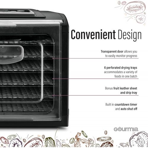  Gourmia GFD1650 Premium Electric Food Dehydrator Machine - Digital Timer and Temperature Control - 6 Drying Trays - Perfect for Beef Jerky, Herbs, Fruit Leather - BPA Free - Black