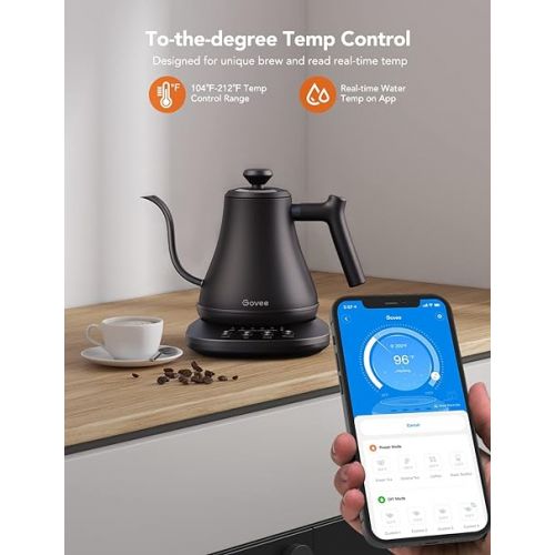  Govee Smart Electric Kettle, WiFi Variable Temperature Gooseneck Pour Over Kettle and Tea Kettle, Alexa Control, 1200W Quick Heating, 100% Stainless Steel, 0.8L, Matte Black