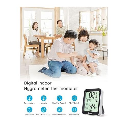  Govee Hygrometer Thermometer H5075, Bluetooth Indoor Room Temperature Monitor Greenhouse Thermometer with Remote App Control, Notification Alerts, 2 Years Data Storage Export,LCD