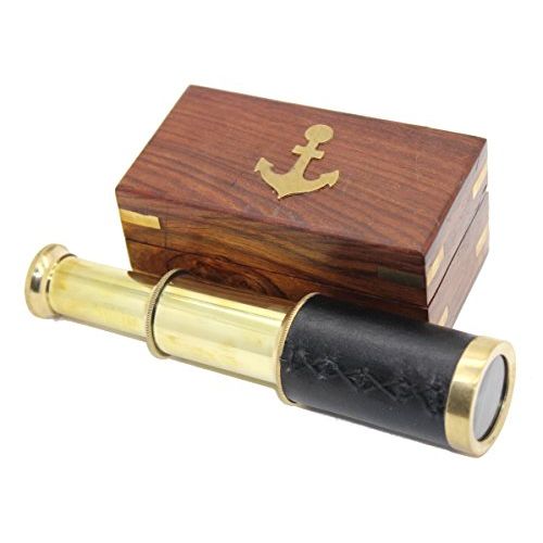  [아마존베스트]Govinda 6 Inch Handcrafted Nautical Brass and Leather Spyglass Telescope with Rosewood Box