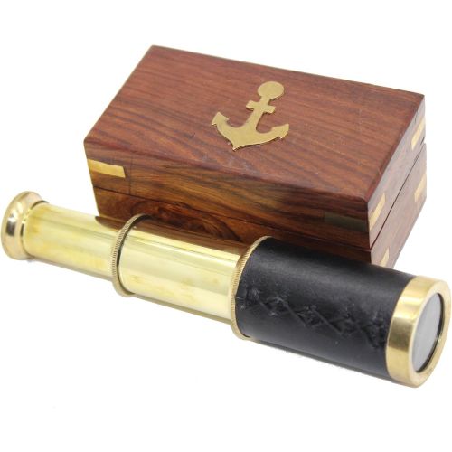  [아마존베스트]Govinda 6 Inch Handcrafted Nautical Brass and Leather Spyglass Telescope with Rosewood Box