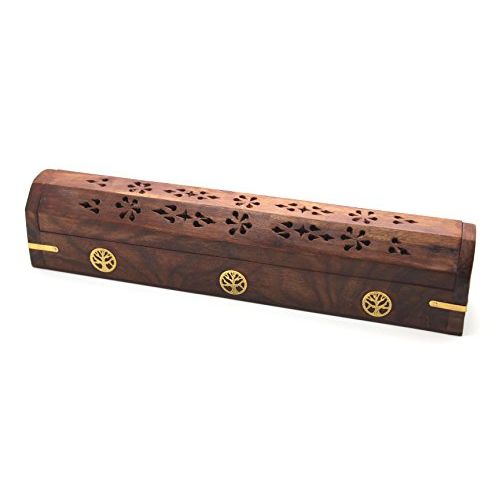  인센스스틱 Govinda Wooden Coffin Incense Burner - 12 Tree of Life - Brass Inlays - Storage Compartment