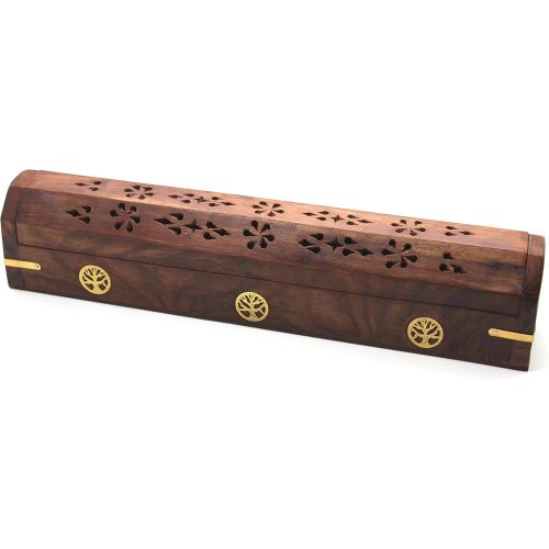  인센스스틱 Govinda Wooden Coffin Incense Burner - 12 Tree of Life - Brass Inlays - Storage Compartment