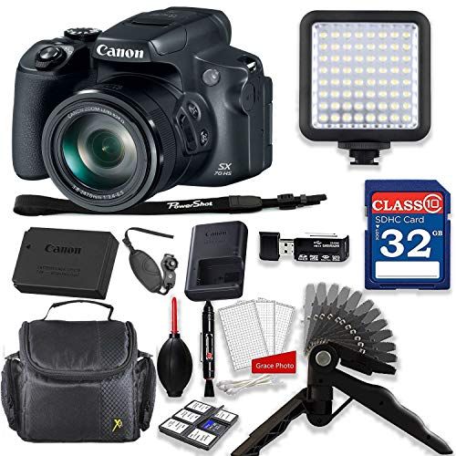 Grace Photo Canon PowerShot SX70 HS Digital Camera Video Creator Kit + 32GB High Speed Memory Card + Steady Grip + LED Video Light + Professional Accessory Bundle