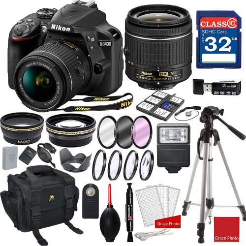  Grace Photo Nikon D3400 DX-format Digital SLR wAF-P DX NIKKOR 18-55mm f3.5-5.6G VR Lens + 3pc Filter Kit + Professional Accessory Bundle