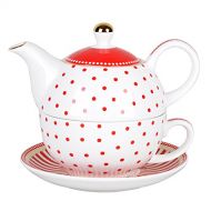 Grace Teaware Porcelain 4-Piece Tea For One (Red Dots Gold Trimmed)