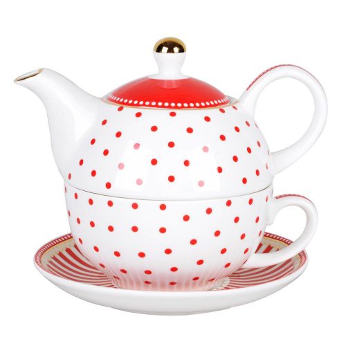  Grace Teaware Porcelain 4-Piece Tea For One (Red Dots Gold Trimmed)