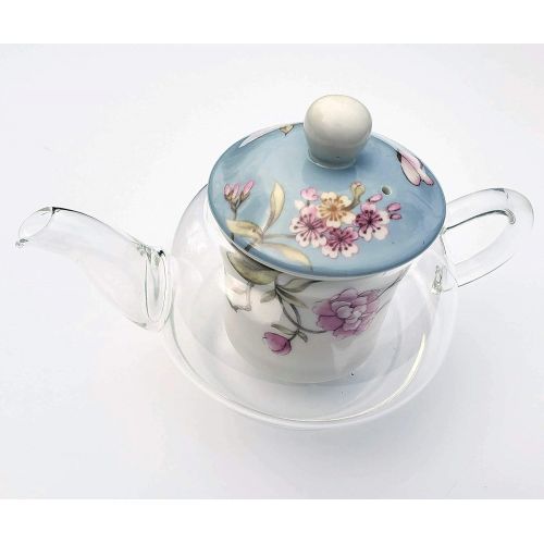  Grace Teaware 5-Piece Glass Porcelain 10-Ounce Tea For One With Infuser (Blue Magnolia/Rose)