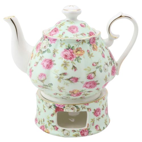  Grace Teaware Porcelain 5-Cup Rose Chintz Teapot With Warmer 2-Piece Set (Blue Cottage)