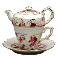 Gracie China by Coastline Imports 4-Piece Porcelain Tea for One, Stacked Teapot Cup Saucer, Red Rose