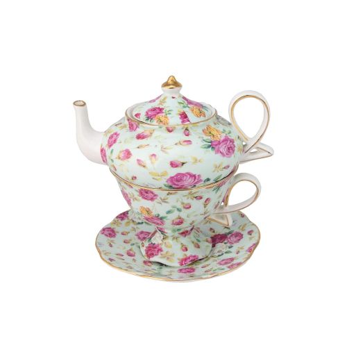 Gracie China by Coastline Imports 4-Piece Porcelain Tea for One, Stacked Teapot Cup Saucer, Blue Cottage Rose Chintz