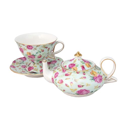  Gracie China by Coastline Imports 4-Piece Porcelain Tea for One, Stacked Teapot Cup Saucer, Blue Cottage Rose Chintz