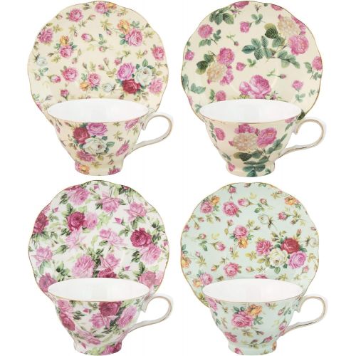  [아마존베스트]Gracie China by Coastline Imports Rose Chintz 8-Ounce Porcelain Tea Cup and Saucer, Set of 4