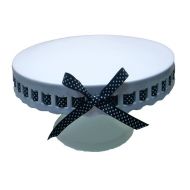 Gracie China by Coastline Imports 12-Inch Round Porcelain Skirted Cake Stand, Black and White Polka Dot Ribbon
