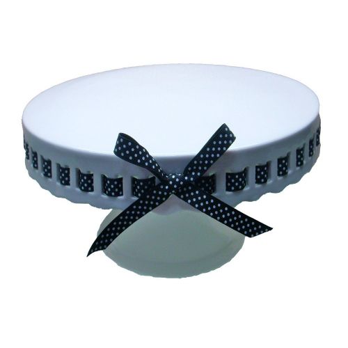  Gracie China by Coastline Imports 12-Inch Round Porcelain Skirted Cake Stand, Black and White Polka Dot Ribbon