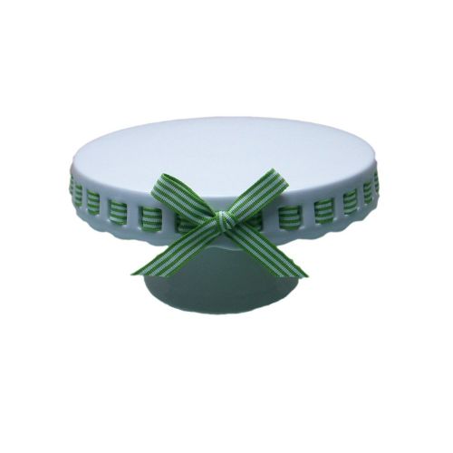  Gracie China by Coastline Imports 10-Inch Round Porcelain Skirted Cake Stand, Green and White Stripes Ribbon