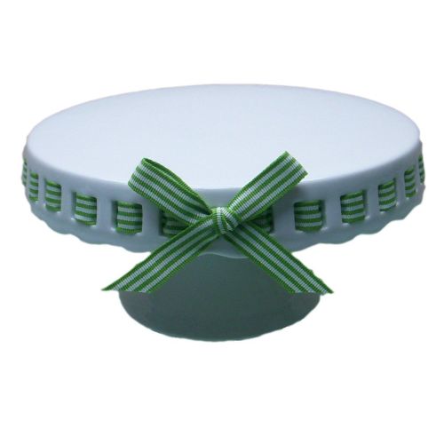  Gracie China by Coastline Imports 12-Inch Round Porcelain Skirted Cake Stand, Green and White Stripes Ribbon