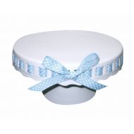 Gracie China by Coastline Imports 12-Inch Round Porcelain Skirted Cake Stand, Blue and White Polka Dot Ribbon
