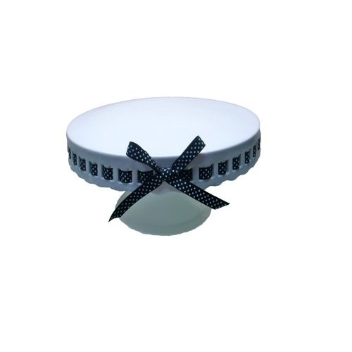  Gracie China by Coastline Imports 8-Inch Round Porcelain Skirted Cake Stand, Black and White Dots Ribbon