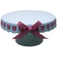 Gracie China by Coastline Imports Gracie China 8-Inch Round Porcelain Skirted Cake Stand, Red and White Stripes Ribbon