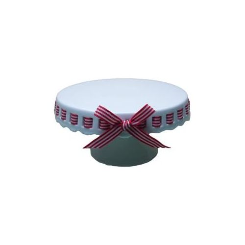  Gracie China by Coastline Imports Gracie China 8-Inch Round Porcelain Skirted Cake Stand, Red and White Stripes Ribbon