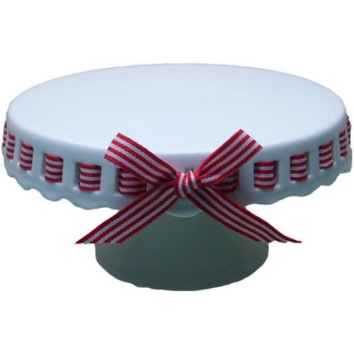  Gracie China by Coastline Imports Gracie China 8-Inch Round Porcelain Skirted Cake Stand, Red and White Stripes Ribbon