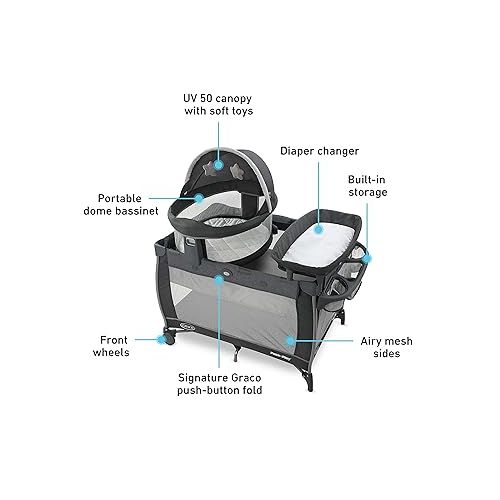 그라코 Graco Pack n Play Dome LX Playard with Baby Bassinet, Lightweight Portable Crib, Push-Button Fold Travel Crib, Redmond, Convertible