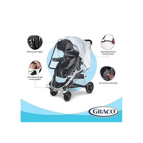 그라코 Graco Univeral Deluxe Weather Shield with Zippered Window, Baby Rain Cover, Universal Size to fit Most Stollers, Waterproof, Windproof, Ventilation, Protection, Shade, Umbrella, Pram, Vinyl, Clear