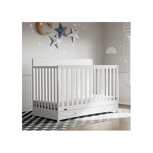 그라코 Graco Asheville 4-in-1 Convertible Crib with Drawer (White) - GREENGUARD Gold Certified, Crib with Drawer Combo, Full-Size Nursery Storage Drawer, Converts to Toddler Bed, Daybed and Full-Size Bed