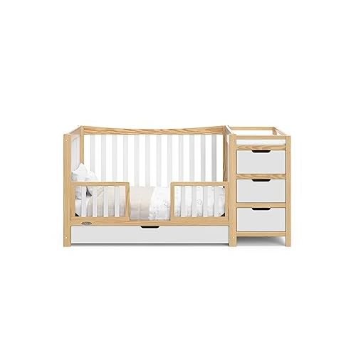 그라코 Graco Remi 4-In-1 Convertible Crib & Changer With Drawer (White & Natural) - GREENGUARD Gold Certified, Crib And Changing-Table Combo, Includes Changing Pad, Converts To Toddler Bed, Full-Size Bed