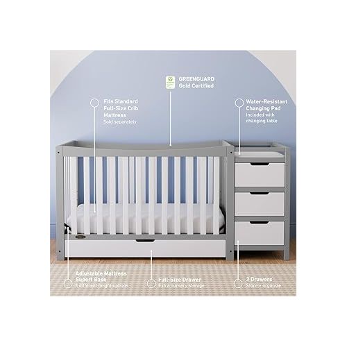 그라코 Graco Remi 4-In-1 Convertible Crib & Changer With Drawer (Pebble Gray & White) - GREENGUARD Gold Certified, Crib And Changing-Table Combo, Includes Changing Pad, Converts To Toddler Bed, Full-Size Bed