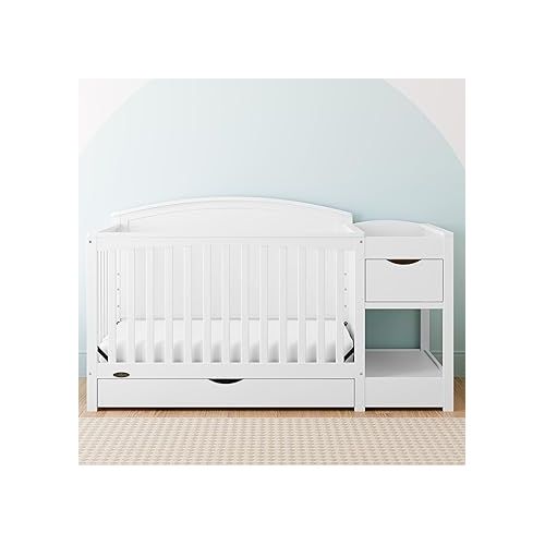 그라코 Graco Bellwood 5-in-1 Convertible Crib & Changer with Drawer (White) - GREENGUARD Gold Certified, Full-Size Storage Drawer, Converts to Toddler Bed and Full-Size Bed