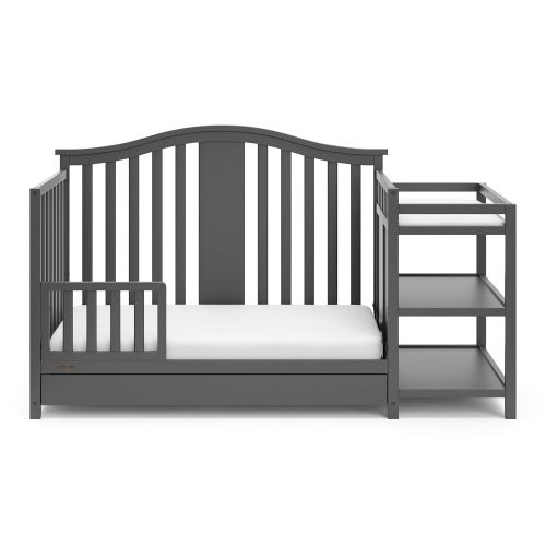 그라코 Graco Solano 4-in-1 Convertible Crib with Drawer and Changer (Gray) - JPMA-Certified Crib and Changer, Attached Changing Table with 2 Shelves, and Water-Resistant Changing Pad